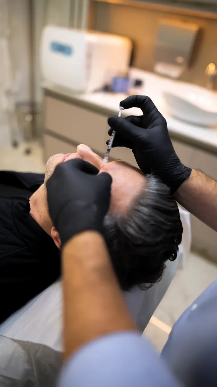 Aplicação injetável no rosto de uma paciente, com luvas, em consultório